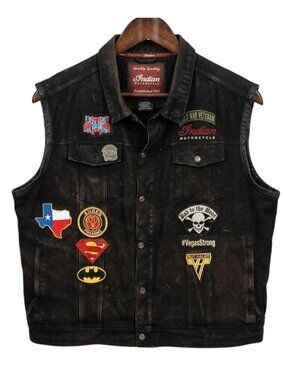 Vintage Indian Motorcycles Black Denim Biker Vest 4XL With Rare Patches